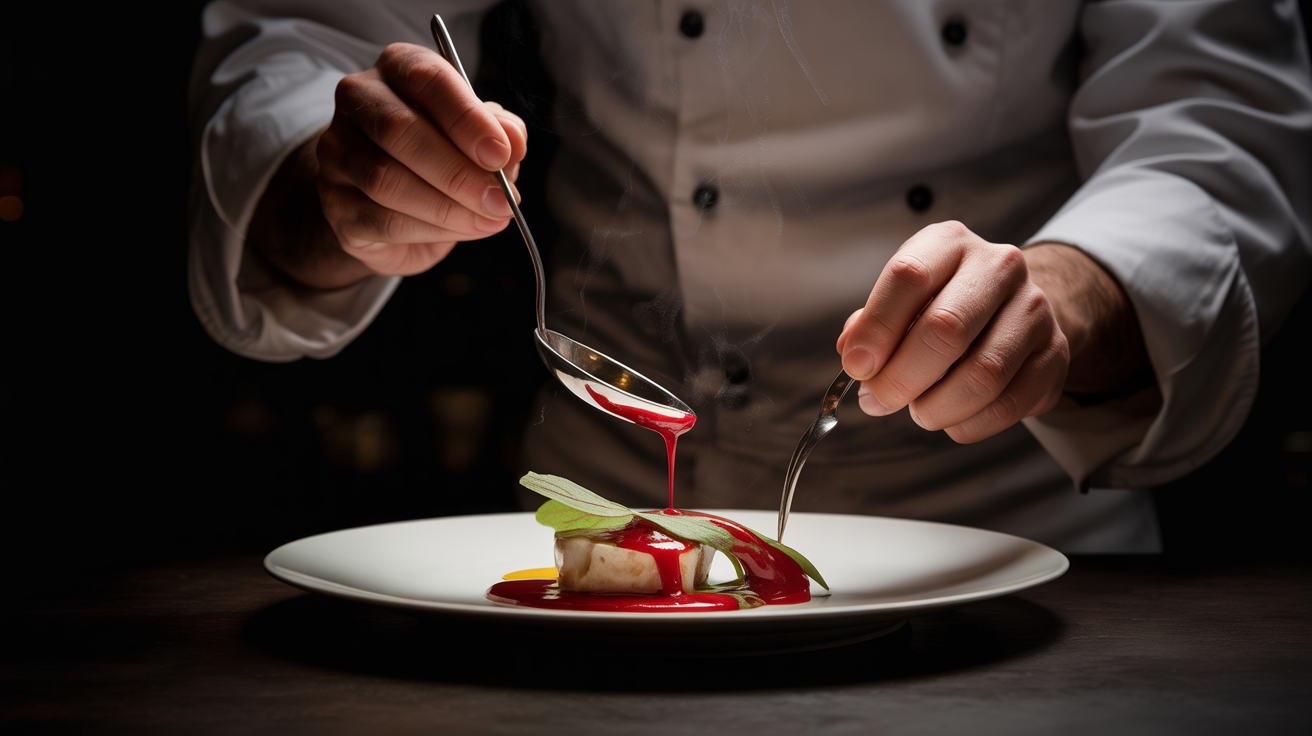 Chef plating an elegant fine-dining dish with red sauce accents and dramatic chiaroscuro lighting